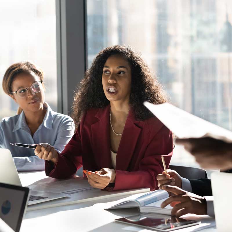 A lady gives a presentation at a meeting